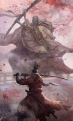 Rule 34 | 1boy, 1girl, battle, beads, black hair, corrupted monk, duel, facing another, falling leaves, feet out of frame, fighting stance, from behind, hand wraps, haori, highres, holding, holding polearm, holding sword, holding weapon, japanese clothes, katana, kimono, leaf, maple leaf, mask, ninja, oni mask, outdoors, polearm, ponytail, prayer beads, scabbard, scarf, sekiro, sekiro: shadows die twice, sheath, short hair, short ponytail, size difference, standing, sword, weapon, white scarf, wide sleeves, zhuoxin ye