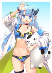 Rule 34 | 1girl, animal, blue eyes, blue hair, bra, bracelet, breasts, cat, choker, chromatic aberration, detached sleeves, fang, female focus, hair ornament, hairclip, highres, horns, jewelry, long hair, midriff, mitake eil, navel, open mouth, original, panties, pendant, pointy ears, skin fang, solo, thigh strap, underwear