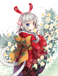 Rule 34 | 1girl, character request, floral print, flower, hair flower, hair ornament, heterochromia, japanese clothes, kimono, long sleeves, looking at viewer, looking back, nardack, obi, original, red kimono, sash, silver hair, solo, wide sleeves, yukata