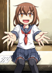 Rule 34 | 10s, 1girl, black thighhighs, blush, brown eyes, brown hair, hair ornament, hairclip, ikazuchi (kancolle), incoming hug, kantai collection, neckerchief, open mouth, outstretched arms, reaching, reaching towards viewer, red neckerchief, school uniform, serafuku, short hair, sitting, skirt, smile, solo, thighhighs, yuuji overall