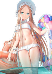 Rule 34 | 1girl, abigail williams (fate), abigail williams (swimsuit foreigner) (fate), abigail williams (swimsuit foreigner) (third ascension) (fate), bear, bikini, blonde hair, blue eyes, bow, breasts, cowboy shot, fate/grand order, fate (series), gluteal fold, hat, heart, highres, holding, in water, innertube, kep (ahokep), long hair, looking at viewer, navel, parted bangs, side-tie bikini bottom, simple background, smile, solo, stomach, strapless, strapless bikini, swim ring, swimsuit, thigh gap, thighs, underboob, very long hair, wading, white background, white bikini, white bow, white hat