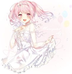 Rule 34 | 1girl, :d, bad id, bad pixiv id, balloon, bang dream!, blush, bow, center frills, character name, choker, dress, frilled dress, frills, hair bow, highres, looking at viewer, maruyama aya, neck ribbon, no legs, open mouth, pink eyes, pink hair, pinky out, ribbon, ribbon choker, round teeth, see-through, see-through sleeves, sidelocks, skirt hold, smile, solo, taya oco, teeth, transparent sleeves, twintails, upper teeth only, white bow, white dress, white ribbon
