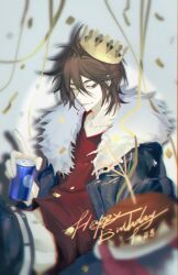 Rule 34 | 1boy, black jacket, black pants, brown eyes, brown hair, can, chinese commentary, cigarette, closed mouth, commentary request, confetti, dated, drink can, duangmiu, english text, fur-trimmed jacket, fur trim, hair between eyes, happy birthday, holding, holding can, isoi reiji, jacket, long sleeves, male focus, navel, one eye closed, open clothes, open jacket, pants, paper crown, red shirt, saibou shinkyoku, shirt, short hair, smile, soda can, solo, streamers