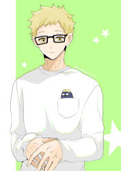 Rule 34 | 1boy, blonde hair, brown eyes, character doll, glasses, green background, haikyuu!!, highres, long sleeves, looking at viewer, male focus, pocket, shirt, solo, star (symbol), starry background, tomopiko 1224, tsukishima kei, upper body, white shirt