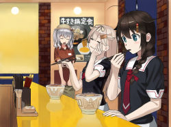 Rule 34 | 10s, 3girls, :3, ahoge, black hair, blouse, blue eyes, blush, braid, chopsticks, chopsticks in mouth, closed eyes, commentary request, dot nose, eating, food, food request, gyuudon, hair ornament, hair ribbon, hairpin, hand on own cheek, hand on own face, hand on table, happy, hat, highres, holding, holding chopsticks, holding menu, kantai collection, kashima (kancolle), looking down, medium hair, menu, multiple girls, name tag, necktie, open mouth, poster (object), red necktie, red ribbon, red shirt, reflection, ribbon, shigure (kancolle), shirt, sigh, silver hair, sitting, standing, twintails, wall lamp, wasabi60, yuudachi (kancolle)