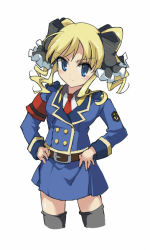 Rule 34 | 10s, 1girl, akechi kokoro, armband, astcd2, belt, blonde hair, blue eyes, cowboy shot, cropped legs, hands on own hips, police, police uniform, simple background, skirt, solo, tantei opera milky holmes, thighhighs, twintails, uniform, white background, zettai ryouiki