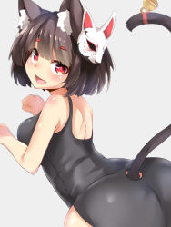 Rule 34 | 1girl, animal ear fluff, animal ears, azur lane, bare shoulders, bell, black hair, black one-piece swimsuit, blush, breasts, cat ears, cat girl, cat mask, cat tail, clothing cutout, fang, highres, jingle bell, looking at viewer, mask, mask on head, medium breasts, neko pachi, one-piece swimsuit, paw pose, red eyes, short hair, solo, swimsuit, tail, tail through clothes, yamashiro (azur lane), yamashiro (summer offensive?) (azur lane)