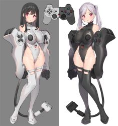 Rule 34 | 2girls, bare shoulders, black footwear, black hair, black leotard, blush, boots, breasts, buttons, cable, cable tail, controller, covered navel, dualshock, full body, game controller, gamepad, grey background, grey footwear, grey hair, grey leotard, hair between eyes, highleg, highleg leotard, large breasts, legs, leotard, long hair, looking at viewer, mechanical tail, multiple girls, original, pink eyes, playstation controller, playstation symbols, popqn, simple background, tail, thigh boots, thighhighs, thighs, twintails, two-tone background, white background