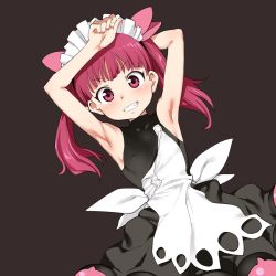 Rule 34 | 1girl, apron, armpits, arms up, bad id, bad twitter id, bare arms, bare shoulders, black dress, blush, brown background, commentary request, covered collarbone, dress, dutch angle, female focus, funnyari, grin, hair ribbon, kemurikusa, long hair, looking at viewer, maid headdress, pink ribbon, red eyes, red hair, ribbon, rina (kemurikusa), simple background, sleeveless, sleeveless dress, smile, solo, teeth, twintails, upper body, v-shaped eyebrows, white apron