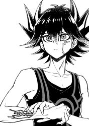 Rule 34 | 1boy, absurdres, arm tattoo, black hair, black tank top, collarbone, commentary request, facial tattoo, fudo yusei, greyscale, hand on own wrist, hands up, highres, looking up, male focus, monochrome, screentones, shirt, short hair, simple background, sleeveless, solo, spiked hair, tank top, tattoo, upper body, white background, youko-shima, yu-gi-oh!, yu-gi-oh! 5d&#039;s