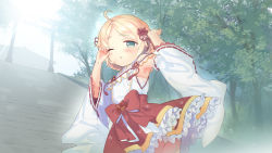Rule 34 | 1girl, blonde hair, blush, bow, breasts, cowlick, detached sleeves, ekolu, floral print, flower, frilled skirt, frills, green eyes, hair flower, hair ornament, hand on own face, idolmaster, idolmaster cinderella girls, japanese clothes, light rays, looking at viewer, miko, nontraditional miko, one eye closed, open mouth, red skirt, ribbon trim, shirt, short hair, skirt, small breasts, solo, stairs, sun, torii, tree, upper body, waist bow, white shirt, wide sleeves, yusa kozue