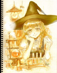 Rule 34 | 1girl, bad id, bad pixiv id, blonde hair, boiling, book, bookshelf, braid, chemicals, chemistry, chemistry set, collared shirt, erlenmeyer flask, female focus, flask, hand on own cheek, hand on own face, hat, keiko (mitakarawa), kirisame marisa, lamp, looking at viewer, open book, photo (medium), puffy short sleeves, puffy sleeves, round-bottom flask, shirt, short sleeves, single braid, sitting, sketch, smile, solo, steam, table, touhou, vial, witch hat, yellow eyes