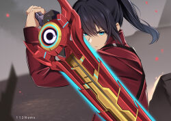 Rule 34 | 1boy, arms up, black hair, blue eyes, blurry, blurry background, commentary, depth of field, hair between eyes, highres, holding, holding sword, holding weapon, jacket, long hair, long sleeves, looking at viewer, male focus, namu (112namu), noah (xenoblade), ponytail, red jacket, solo, sword, two-handed, upper body, v-shaped eyebrows, weapon, xenoblade chronicles (series), xenoblade chronicles 3