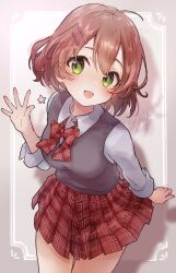 Rule 34 | 1girl, :d, ahoge, blush, bow, breasts, brown hair, collared shirt, commentary request, commission, copyright request, drop shadow, green eyes, grey shirt, hair between eyes, hair ornament, hairclip, hand up, highres, long sleeves, looking at viewer, open mouth, plaid, plaid bow, plaid skirt, pleated skirt, red bow, red skirt, sha2mo, shirt, signature, skeb commission, skirt, small breasts, smile, solo, star (symbol), sweater vest