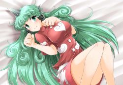Rule 34 | 1girl, blush, breasts, cloud print, collarbone, commentary request, curly hair, g (genesis1556), green eyes, green hair, horns, knees together feet apart, komano aunn, large breasts, long hair, looking at viewer, lying, on back, paw pose, print shirt, shirt, short sleeves, shorts, single horn, smile, solo, thick eyebrows, touhou, very long hair