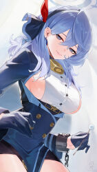 Rule 34 | 1girl, absurdres, ako (blue archive), bell, black gloves, black hairband, black jacket, black skirt, blue archive, blue eyes, blue hair, blue halo, breasts, closed mouth, cowboy shot, cuffs, cz (mikumikumi), gloves, hair between eyes, hairband, halo, handcuffs, highres, jacket, large breasts, long hair, long sleeves, looking at viewer, neck bell, shirt, sideboob, skirt, smile, solo, white shirt