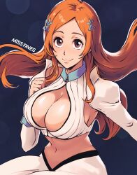 Rule 34 | 1girl, artist name, bleach, bleach: sennen kessen-hen, breasts, brown eyes, cleavage, cleavage cutout, closed mouth, clothing cutout, commentary, cropped shirt, dark background, detached sleeves, english commentary, hair ornament, hairpin, highres, inoue orihime, large breasts, long hair, long skirt, midriff, miss faves, navel, orange hair, parted bangs, shirt, skirt, sleeveless, sleeveless shirt, smile, solo, striped clothes, striped shirt, vertical-striped clothes, vertical-striped shirt, white shirt, white skirt, white sleeves