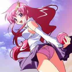 Rule 34 | 00s, 1girl, :d, ass, blouse, blue eyes, blush, cameltoe, clothes lift, cloud, day, detached sleeves, dutch angle, from behind, gradient background, gundam, gundam seed, gundam seed destiny, hair ornament, happy, haro, highres, holding, lacus clyne, long hair, looking at viewer, looking back, miniskirt, open mouth, outdoors, panties, pantyshot, pink hair, pink panties, purple panties, robot, shirt, skirt, skirt lift, sky, sleeveless, smile, solo, standing, sun, thighs, turtleneck, underwear, upskirt, very long hair, wavy hair, wind, wind lift