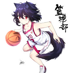 Rule 34 | 1girl, animal ears, ball, basketball, basketball (object), basketball uniform, black hair, blush, clothes writing, commentary request, ejami, ekko (ejami), fox ears, fox girl, fox tail, long hair, looking at viewer, red eyes, shirt, signature, simple background, solo, speed lines, sportswear, tail, translation request, white background