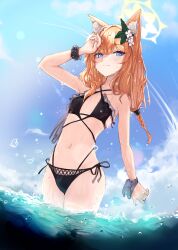 Rule 34 | 1girl, absurdres, animal ear fluff, animal ears, bare arms, bare legs, bare shoulders, bikini, black bikini, blue archive, blue eyes, blush, braid, cat ears, closed mouth, collarbone, cowboy shot, day, flat chest, flower, hair flower, hair ornament, halo, highres, lir (cuhc3357), long hair, looking at viewer, mari (blue archive), ocean, orange hair, outdoors, smile, solo, swimsuit, twin braids, water, water drop, white flower, yellow halo