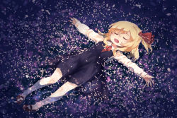 Rule 34 | 1girl, black dress, blonde hair, commentary request, dress, closed eyes, full body, hair ribbon, long sleeves, lying, murani, on back, open mouth, outstretched arms, petals, ribbon, rumia, shoes, short hair, solo, spread arms, touhou