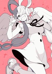 Rule 34 | 1girl, breasts, clenched teeth, commentary request, detached sleeves, dress, fingernails, greyscale, greyscale with colored background, hair over one eye, hair rings, highres, large breasts, long hair, looking at viewer, monochrome, multicolored hair, one piece, one piece film: red, pink background, ribbon, single detached sleeve, sleeveless, sleeveless dress, sleeves past wrists, smile, solo, standing, standing on one leg, takatsuki ichi, teeth, thighs, twintails, two-tone hair, uta (one piece), wings