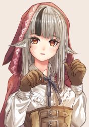 Rule 34 | 1girl, animal ears, belt, belt buckle, black hair, blush, brown belt, brown eyes, brown gloves, buckle, buttons, capelet, collarbone, collared shirt, commentary request, fire emblem, frilled shirt, frills, fuussu (21-kazin), gloves, grey background, grey hair, hands up, hood, hood up, long hair, looking at viewer, multicolored hair, nintendo, parted lips, paw pose, red capelet, shirt, simple background, sleeves past wrists, solo, straight hair, streaked hair, teeth, two-tone hair, underbust, upper body, upper teeth only, velouria (fire emblem), white shirt, wing collar, wolf ears