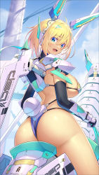 Rule 34 | 1girl, ahoge, armor, ass, blonde hair, blue eyes, blue sky, breasts, cloud, cloudy sky, day, elbow gloves, gloves, headgear, highres, horseback riding, large breasts, looking at viewer, looking back, mechanical ears, open mouth, original, outdoors, riding, shiny skin, short hair, sideboob, simple background, sky, smile, sophia f shirring, takamine nadare, thighs