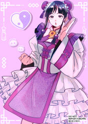 Rule 34 | 1girl, ace attorney, beads, black eyes, black hair, bun cover, chinese clothes, double bun, drop shadow, eyelashes, hair beads, hair bun, hair ornament, highres, long hair, looking at viewer, magatama, maya fey, open mouth, pink background, rat nkmi, solo, twitter username, wide sleeves, yin yang