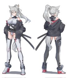 Rule 34 | 1girl, animal ears, bare shoulders, belt, boots, breasts, covered erect nipples, full body, grey hair, hands in pockets, high heel boots, high heels, highleg, highleg leotard, highres, jacket, large breasts, leotard, looking at viewer, multiple views, open clothes, open jacket, original, ringobatake, scabbard, sheath, shiny clothes, shiny legwear, shiny skin, strap, sword, tail, thigh boots, two-tone legwear, weapon, wolf ears, wolf tail, yellow eyes