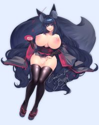 Rule 34 | 1girl, alcohol, animal ear fluff, animal ears, black hair, black thighhighs, blue eyes, borrowed character, bottomless, breasts, breasts apart, breasts out, bridal gauntlets, closed mouth, clothes lift, collarbone, commission, cup, curvy, ear piercing, fang, fox ears, fox girl, fox tail, full body, hair between eyes, hair intakes, hair ornament, hairclip, highres, huge breasts, japanese clothes, jewelry, kimono, kimono lift, kiri (sub-res), large tail, light blush, long hair, looking at viewer, lying, nail polish, nipples, notched ear, on back, original, pelvic curtain, pelvic curtain lift, piercing, platform footwear, pussy, red nails, ring, sakazuki, sake, sandals, sidelocks, signature, simple background, skin fang, skindentation, smile, solo, tail, thighhighs, thighs, tomathao, very long hair, wakamezake, wedding ring, wide hips, wide sleeves