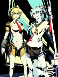 Rule 34 | 2girls, aegis (persona), android, aqua hair, blonde hair, blue eyes, highres, joints, labrys (persona), long hair, looking at viewer, multiple girls, necktie, persona, persona 3, persona 4: the ultimate in mayonaka arena, red eyes, red neckwear, robot joints, short hair, very long hair, warfakaid
