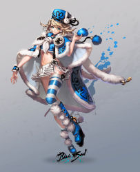 Rule 34 | 10s, 1girl, ankle boots, aqua eyes, asymmetrical legwear, bad id, bad pixiv id, bare arms, blade &amp; soul, blonde hair, blue n, boots, cape, closed mouth, eyebrows, eyelashes, facial mark, female focus, frilled skirt, frills, full body, fur cape, fur trim, gradient background, grey background, hat, heart, heart tattoo, highres, knee boots, legs together, lips, looking at viewer, mismatched legwear, navel, nose, pom pom (clothes), short hair, simple background, single thighhigh, skirt, solo, standing, stomach, striped clothes, striped thighhighs, tattoo, thighhighs, thighs, wide hips, wrist cuffs