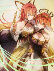 Rule 34 | 2girls, bare shoulders, blush, breasts, character request, cleavage, closed mouth, collarbone, dress, duel monster, elbow gloves, genyaky, gloves, hand up, highres, large breasts, long hair, looking at another, multiple girls, orange hair, short hair, signature, smile, white gloves, yu-gi-oh!