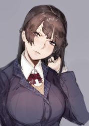Rule 34 | 1girl, bow, bowtie, braid, breasts, brown eyes, brown hair, closed mouth, collared shirt, commentary request, french braid, grey shirt, hair ornament, hairclip, hand up, head tilt, highres, hiranko, jacket, large breasts, long hair, long sleeves, nijisanji, purple jacket, red bow, red bowtie, shirt, sketch, solo, tsukino mito, tsukino mito (1st costume), vest, virtual youtuber, wing collar