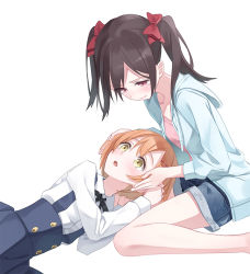 Rule 34 | 10s, 2girls, black hair, blush, bow, closed mouth, d:, dress, eye contact, hair bow, hair ornament, hairclip, hood, hood down, hoodie, hoshizora rin, lap pillow, long hair, looking at another, looking at viewer, looking down, looking up, love live!, love live! school idol project, lying, multiple girls, on side, open mouth, orange hair, red eyes, shirt, short hair, shorts, simple background, sitting, twintails, white background, white shirt, yasuno (airy light), yazawa nico, yellow eyes, yuri