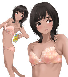 Rule 34 | 1girl, armpits, bare shoulders, blush, bra, breasts, brown eyes, brown hair, can, cleavage, dark skin, floral print, highres, holding, holding can, licking lips, looking at viewer, medium hair, mole, mole under eye, multiple views, open mouth, original, panties, simple background, small breasts, tama (tamago), tan, tongue, tongue out, underwear, underwear only, white background