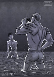 Rule 34 | 2boys, alternate costume, ass, bad id, bad tumblr id, bara, black hair, blonde hair, couple, cris art, unworn eyewear, from behind, greyscale, holding, holding removed eyewear, hulkling, looking at another, male focus, male swimwear, marvel, monochrome, multiple boys, muscular, muscular male, navel, ocean, scales, short hair, sideburns, smile, sunglasses, swim briefs, toned, toned male, topless male, wading, wiccan, yaoi
