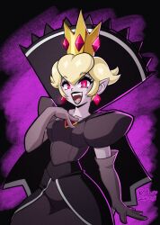Rule 34 | 1girl, alternate costume, blonde hair, breasts, cape, crown, detached sleeves, dress, earrings, fangs, hand on own chest, highres, jewelry, large breasts, lipstick, looking at viewer, makeup, mario (series), nintendo, open mouth, paper mario, paper mario: the thousand year door, princess peach, purple background, rcasedrawsstuff, red eyes, shadow queen, smile