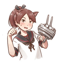 Rule 34 | adapted turret, animal ears, black sailor collar, brown eyes, brown hair, cannon, cat ears, commentary request, kantai collection, karasu (naoshow357), looking at viewer, paw pose, ponytail, sailor collar, school uniform, serafuku, shikinami (kancolle), short hair, simple background, solo, turret, upper body, white background