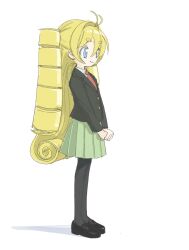 Rule 34 | 1girl, antenna hair, black footwear, black jacket, black pantyhose, blazer, blonde hair, blue eyes, closed mouth, commentary request, drill hair, from side, full body, green skirt, hair intakes, highres, hikimayu, hitonatz, jacket, kuroshio current, legs together, loafers, long hair, long sleeves, looking ahead, necktie, own hands together, pantyhose, pleated skirt, red necktie, school uniform, shoes, simple background, skirt, smile, solo, standing, toudouin mana, two side up, v arms, white background