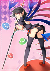 Rule 34 | 1girl, ass, asymmetrical wings, bent over, black dress, black hair, black panties, black thighhighs, chima q, dress, fang, highres, houjuu nue, looking at viewer, nue day, panties, pantyshot, polearm, puffy short sleeves, puffy sleeves, red eyes, red footwear, shoes, short dress, short sleeves, side-tie panties, slit pupils, smile, solo, thighhighs, touhou, trident, ufo, underwear, weapon, wings