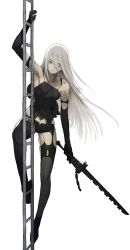 Rule 34 | 1girl, android, black gloves, black thighhighs, blue eyes, breasts, closed mouth, elbow gloves, gloves, ladder, long hair, looking at viewer, nier (series), nier:automata, sakamoto mineji, silver hair, simple background, solo, sword, thighhighs, weapon, white background, a2 (nier:automata)