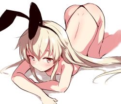 Rule 34 | 1girl, absurdres, all fours, black hairband, black panties, blonde hair, flat chest, grey eyes, hairband, haru (renol), highleg, highleg panties, highres, kantai collection, long hair, panties, shimakaze (kancolle), simple background, solo, topless, underwear, underwear only, white background
