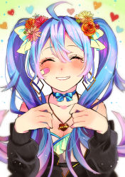 Rule 34 | absurdres, ahoge, ai kotoba iii (vocaloid), bad id, bad pixiv id, bandage on face, bandages, blue hair, blush, flower, hair flower, hair ornament, hatsune miku, heart, heart necklace, highres, necklace, nidozuke, smile, twintails, vocaloid