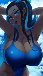 Rule 34 | 1girl, armpits, arms behind head, black hair, blue eyes, blue one-piece swimsuit, breasts, cleavage, cloud, collarbone, competition swimsuit, creatures (company), dark-skinned female, dark skin, game freak, huge breasts, long hair, multicolored hair, nessa (pokemon), nintendo, one-piece swimsuit, pokemon, pokemon swsh, solo, streaked hair, sumisumii, swimsuit, tongue, tongue out