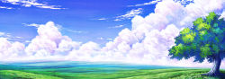 Rule 34 | aoha (twintail), blue sky, cloud, cloudy sky, commentary request, day, grass, landscape, no humans, outdoors, panorama, scenery, sky, tree, valley