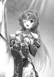 Rule 34 | 1girl, ;d, blush, breasts, breasts apart, day, detached sleeves, floating hair, forest, greyscale, hair between eyes, high ponytail, highres, horse, long hair, long sleeves, looking at viewer, ludmila lourie, madan no ou to michelia, madan no ou to vanadis, medium breasts, miyatsuki itsuka, monochrome, nature, novel illustration, official art, one eye closed, open mouth, outdoors, riding, smile, solo, sunlight, very long hair