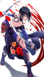 Rule 34 | 1girl, akito1218, backless outfit, black hair, blue eyes, breasts, dual wielding, heterochromia, holding, large breasts, red eyes, samurai spirits, shiki (samurai spirits), sideboob, solo, sword, weapon