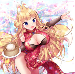 Rule 34 | 1girl, :d, animal ear fluff, animal ears, bamboo steamer, baozi, blonde hair, blue eyes, blunt bangs, blush, braid, breasts, chinese clothes, cleavage, cleavage cutout, clothing cutout, detached sleeves, double bun, doughnut hair bun, dress, food, fox ears, fox tail, hair bun, large breasts, long hair, looking at viewer, miyano ururu, multiple tails, open mouth, original, red dress, short eyebrows, side slit, smile, solo, tail, twin braids, very long hair